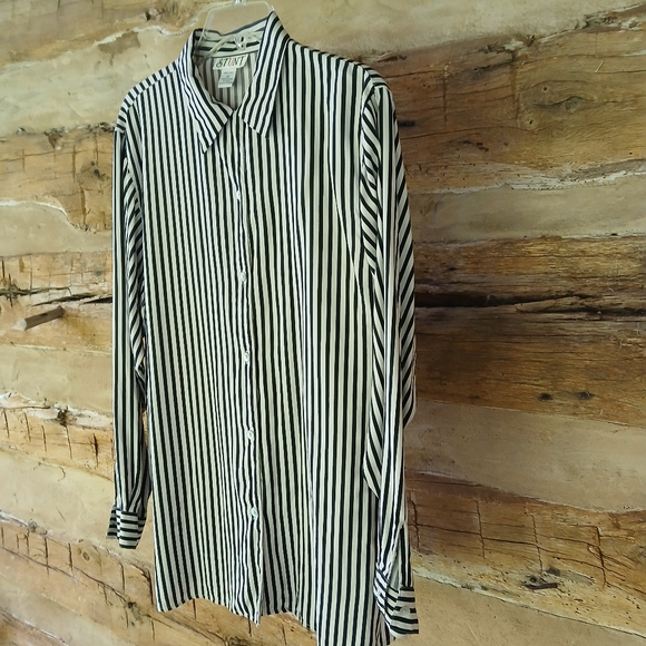 Stunt Vintage Black & White Striped Washable Silk Button Down Shirt Medium - Picture 3 of 6